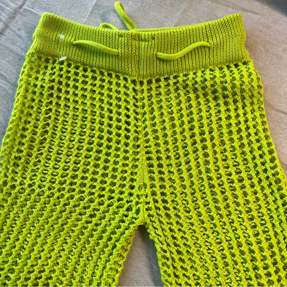Lime Green Net Style Open Knit Flared Pants - image 4